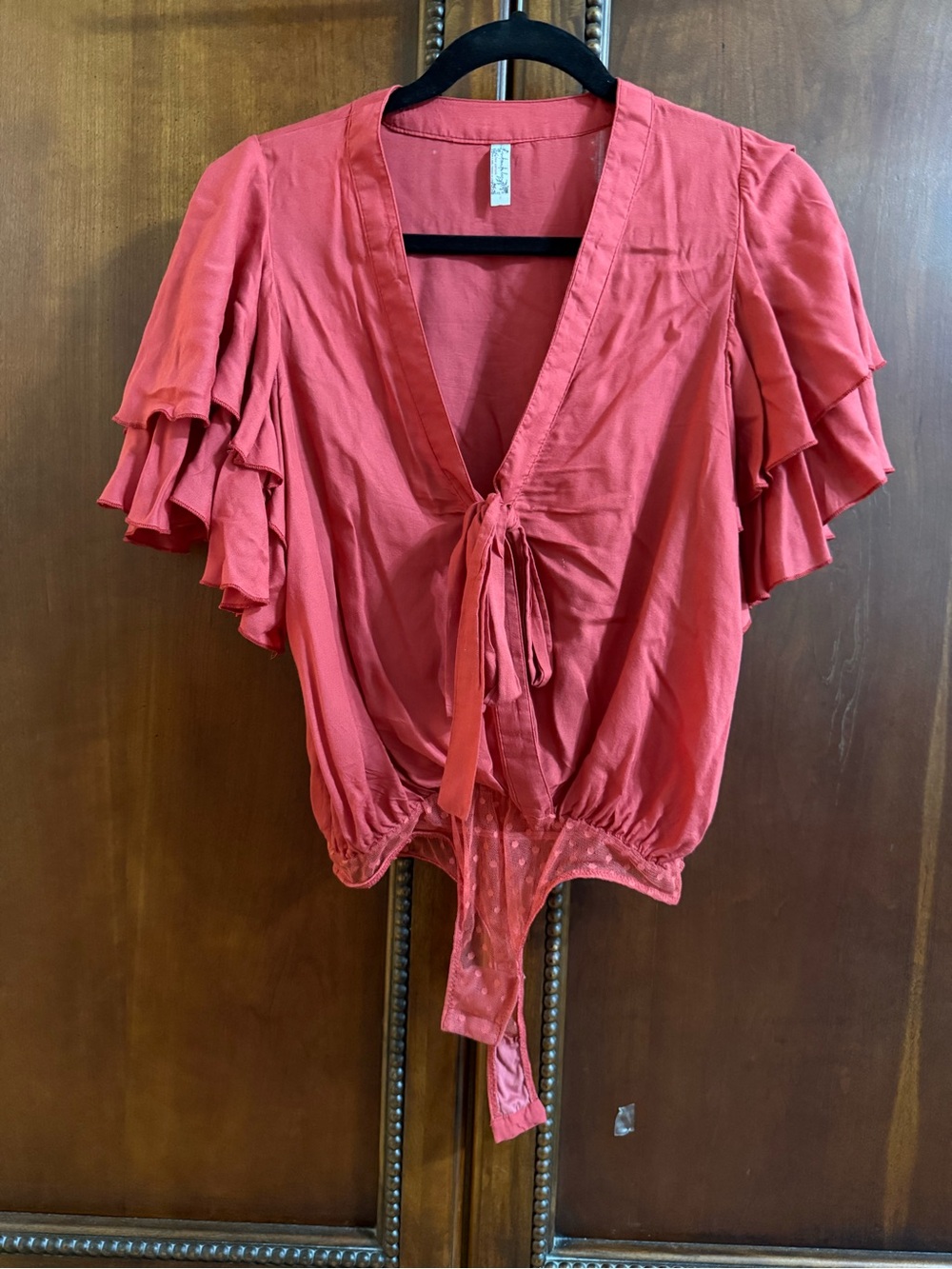 Free People Coral Tie-Front Ruffle Sleeve Bodysuit